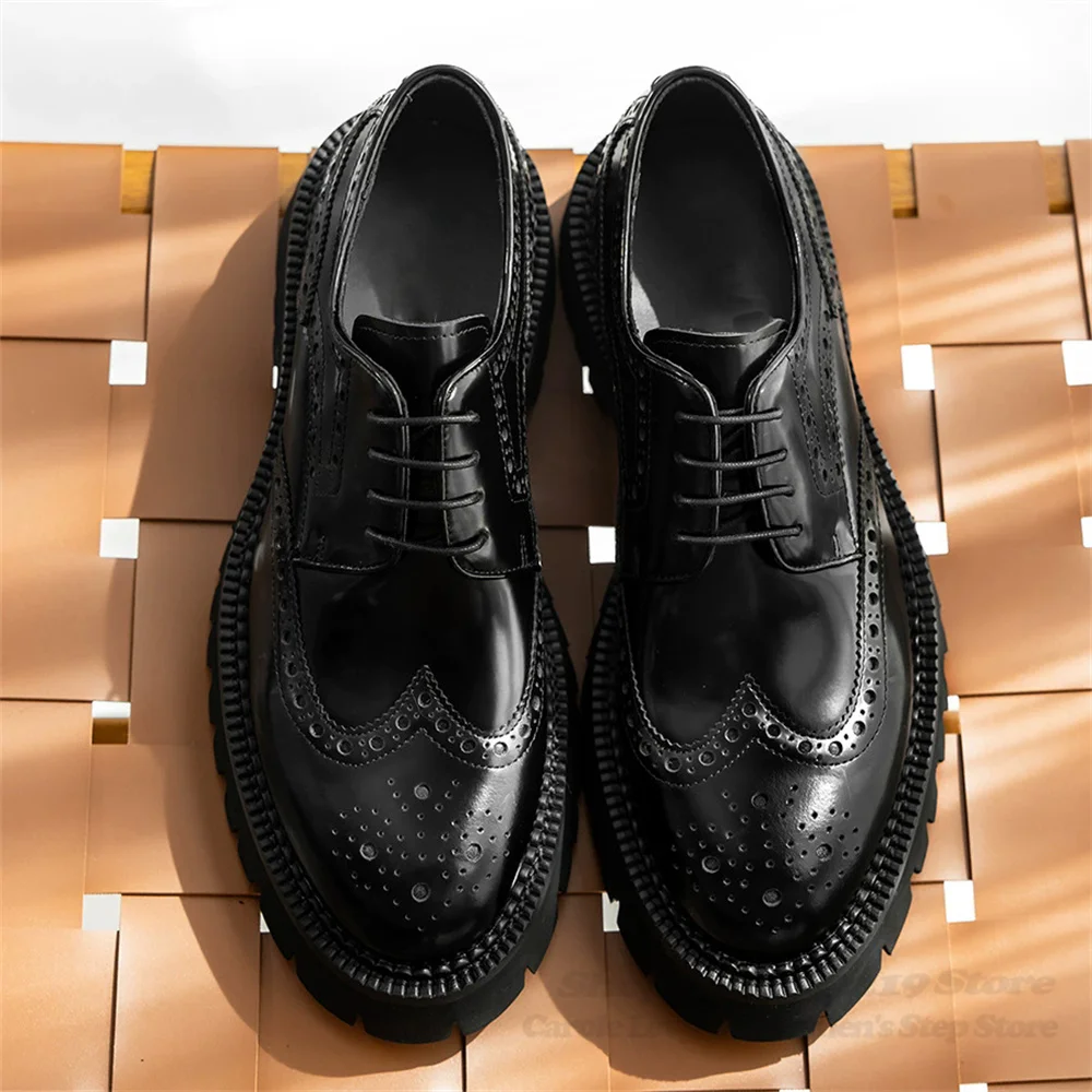 

Luxury Leather Shoes for Men Patent Leather Thick Sole Business Formal Trendy Block Shoes Male Lace Up Height Increasing Shoes