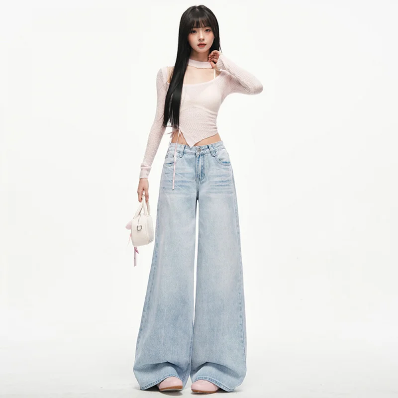 QICHE 2026 Autumn Women American Vintage Whiskering Distressed Denim Pants, Wide Leg Loose Slim Crease Effect Jean Trousers