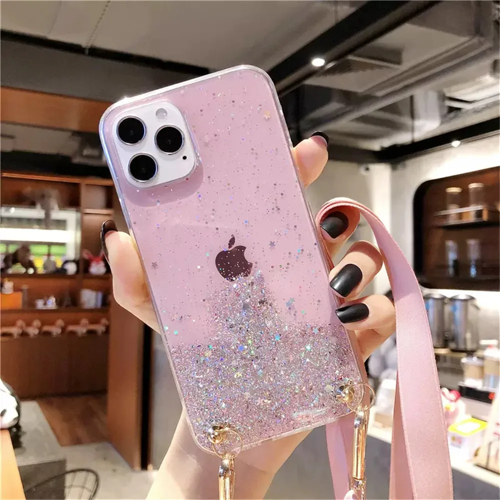 Note 13 4G Crossbody Lanyard Glitter Clear Case For Xiaomi Redmi Note 13 12 Pro Plus 11S 10S 9S 11 9 8 Pro 8T Cord Silicon Cover