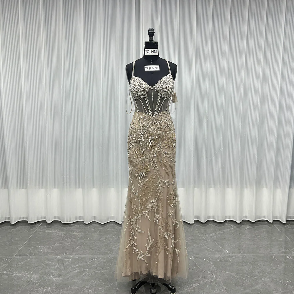 

YQLNNE Серебряное обнаженное вечернее платье со стразами и разрезом, спагетти, тюль, расшитое бисером, вечернее женское вечернее платье русалки 039