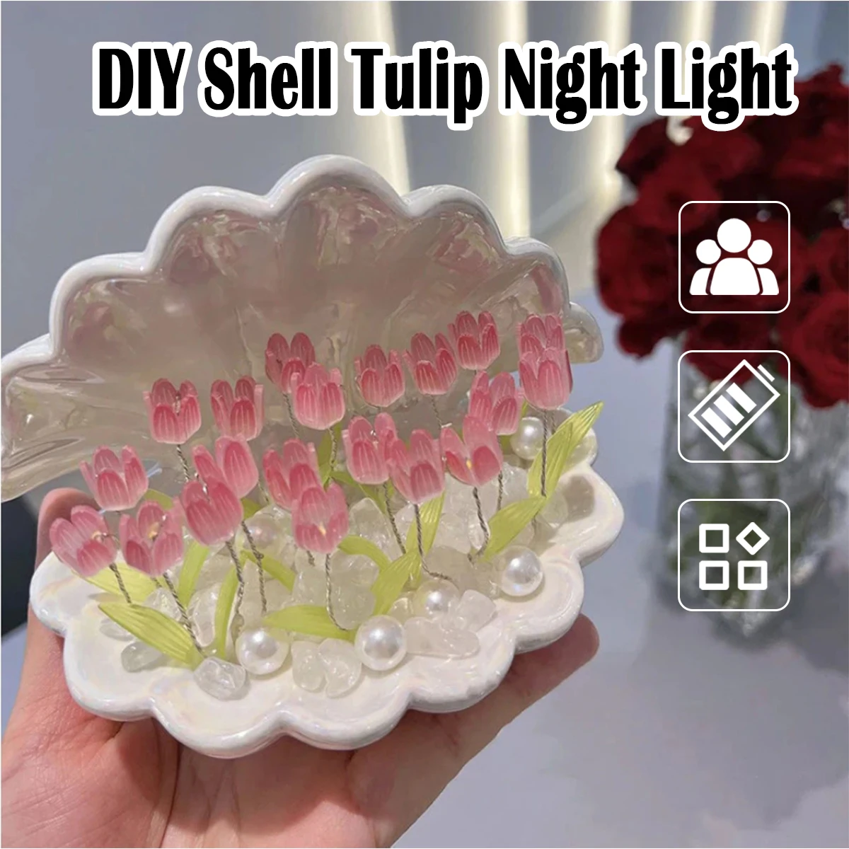 Diy Tulip Night Lamp Handmade Flower Lamp With Material Gift Led Bedside 13/20 Tulip Battery Bedroom Pink Seashell Christmas Sea