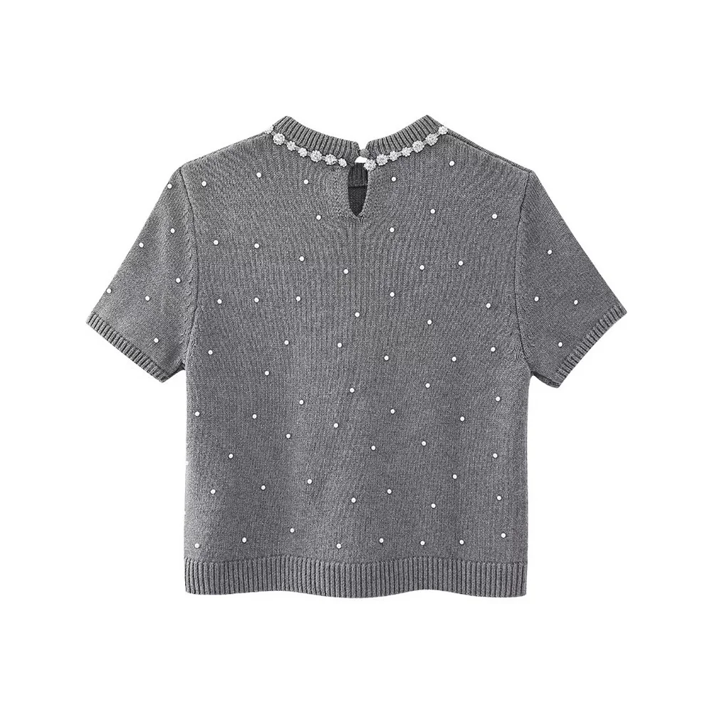 2024 Women\'s Fashion New Artificial Pearl Short sleeved Knitted Sweater