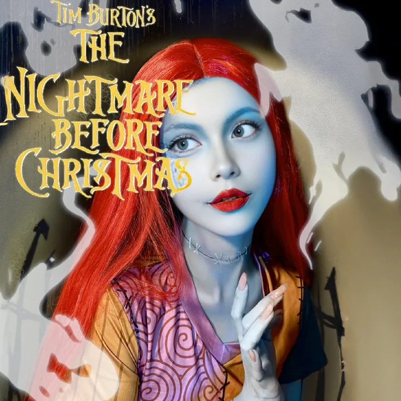 Halloween Christmas Nightmare Before Christmas Sally Anime Wig Medium Parting Long Straight Red Hair
