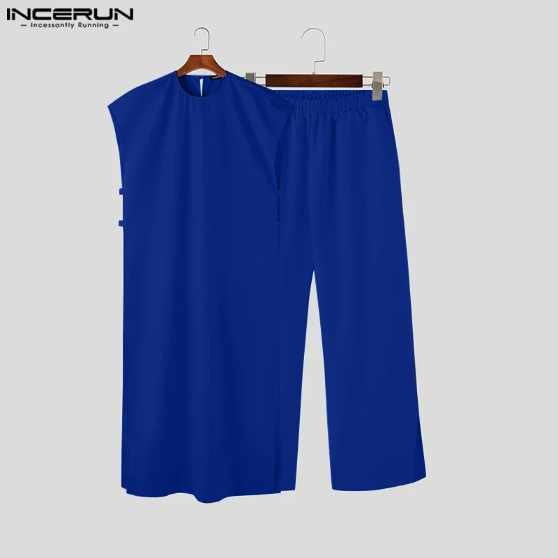 INCERUN 남성 무슬림 의류 세트 사우디아라비아 솔리드 O넥 민소매 카프탄 주바 토브 & 팬츠 2PCS 2025 이슬람 남성 정장