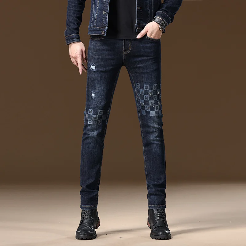 2024 New Autumn and Winter Light Luxury Jeans Men's High-End and Fashionable Printed Design Stretch Slim Denim Skinny Pants