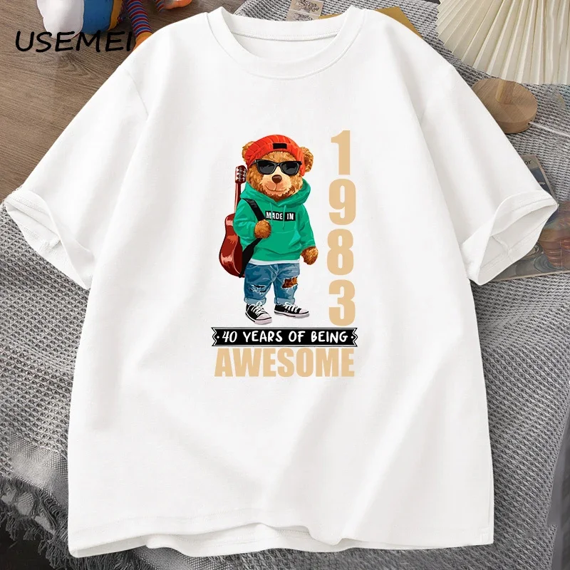 男性用の最高のTシャツ,1983〜40歳の誕生日パーティー用のテディベア,綿の半袖Tシャツ,シーメンスの服