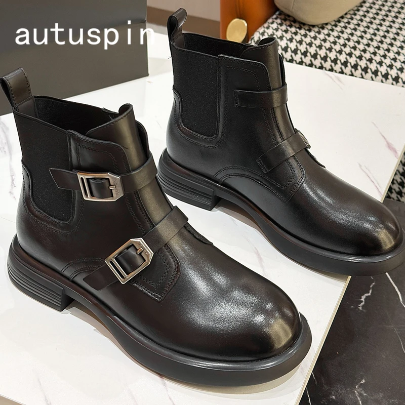 

AUTUSPIN Cowhide Leather Boots Women Genuine Leather Shoes Winter 3cm Thick Heels Black Belt Buckle Chelsea Booties Office Lady