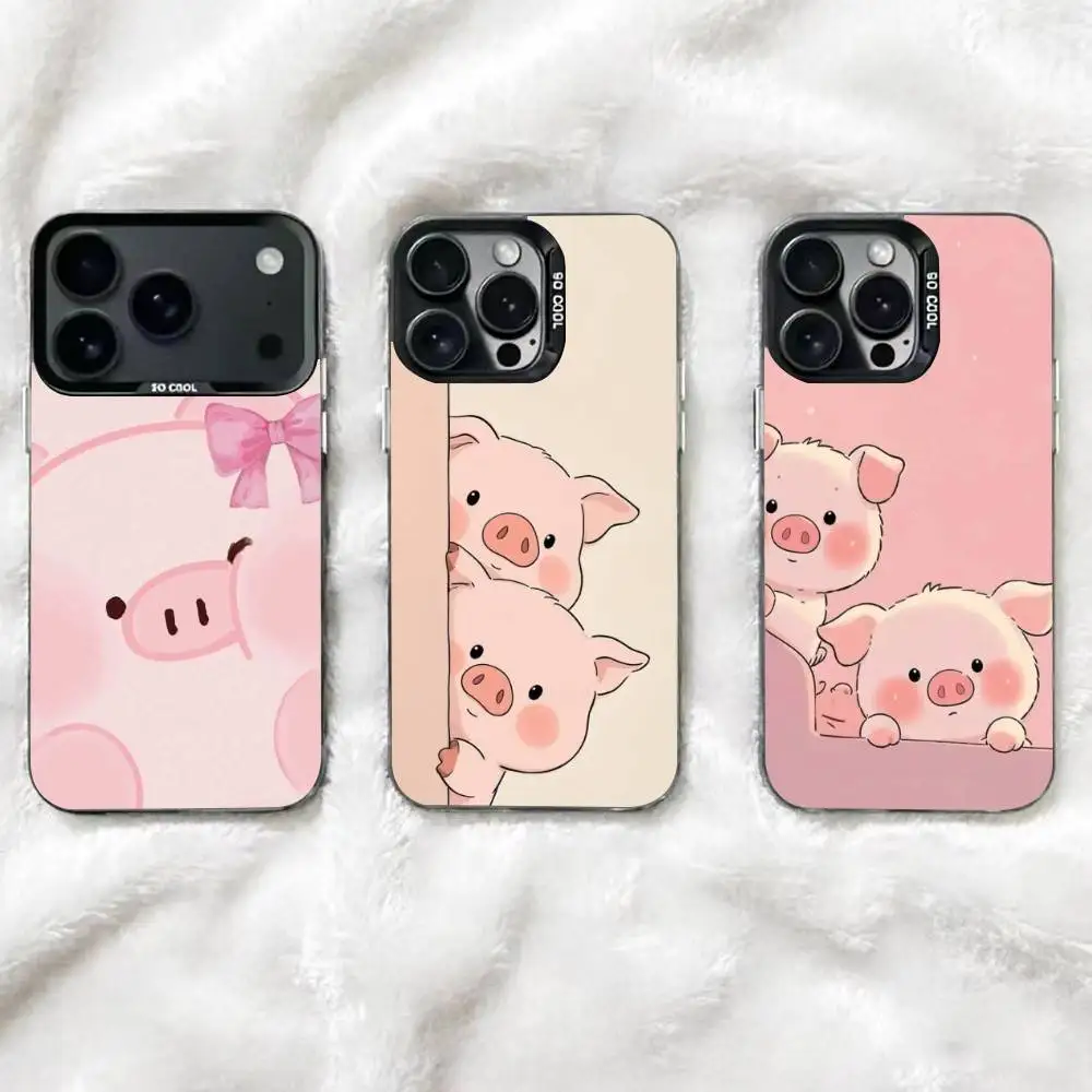 

Cartoon Pink Piggy Cute Phone Case For iPhone 17,16,15,14,13,12,11 Plus,Pro Max,XS,Colored Silver Plated Inside Cover