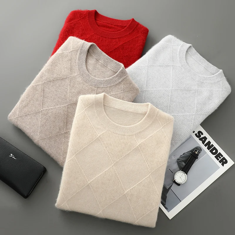 

Мужской свитер из 100% чистой шерсти с круглым вырезом, свободный пуловер, осень/зима, новые корейские свободные модные деловые повседневные кашемировые вязаные топы