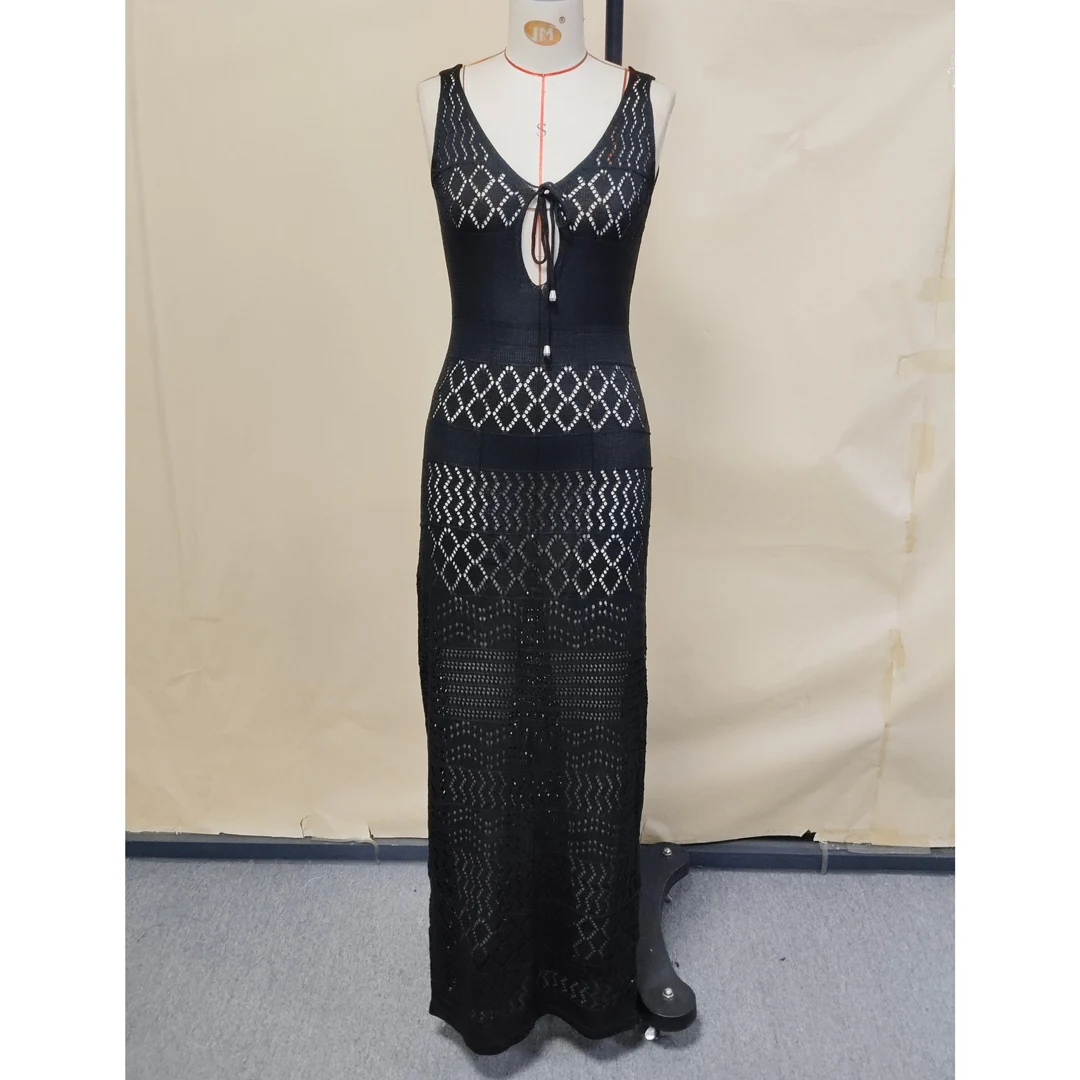 Neues V-Ausschnitt-Tunika-Kleid mit Ausschnitten und Häkelmuster, Strandkleid, Strandmode, Strandüberwurf, Damen V5806 – Detail 10