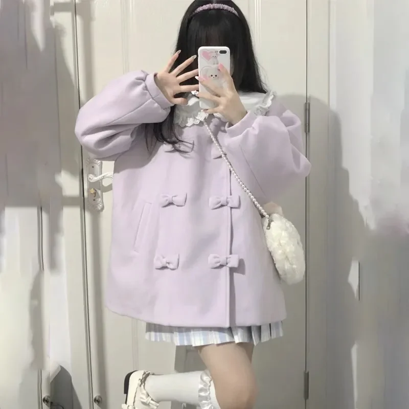 Autumn Winter Cute Sweet Purple Doll Collar Lolita Coat Women Japanese College Style Kawaii Bow A-line Loose Jackets Overcoat