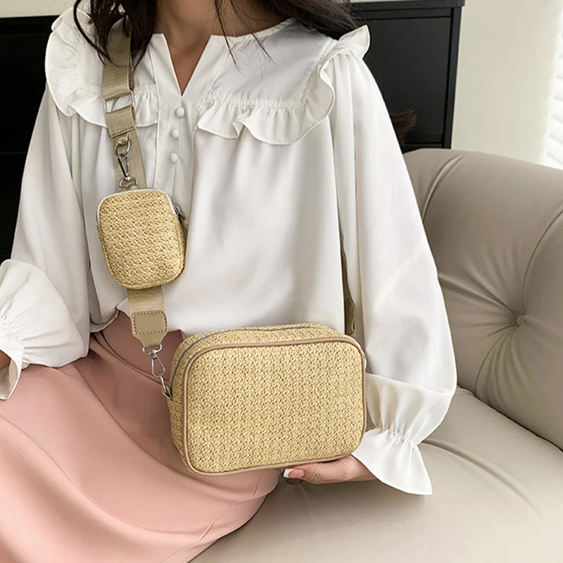 Hot Selling New Small Bag Straw Woven Bag Women\'s Simple Crossbody Bag Holiday Beach Bag Handheld Woven Bag Fashion Shoulder Bag