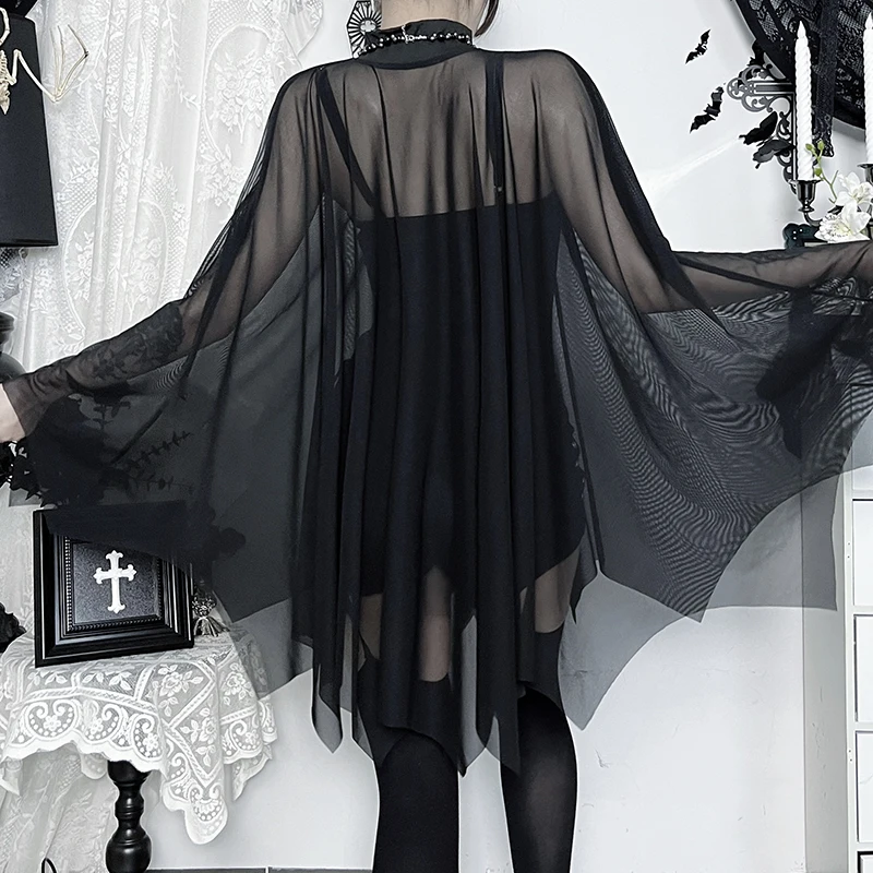 Gothic Black Bodysuits See Through Cloak Two Pieces Sets Vintage Sexy Batwing Women Tops Streetwear Party Halloween Cosplay