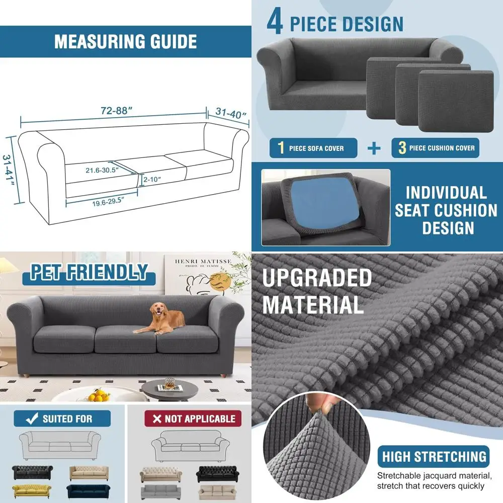 

4-Piece Stretch Sofa Cover Set for Traditional 3-Cushion Chesterfield Sofa with Thick Jacquard Fabric, Grey (Large Sofa)