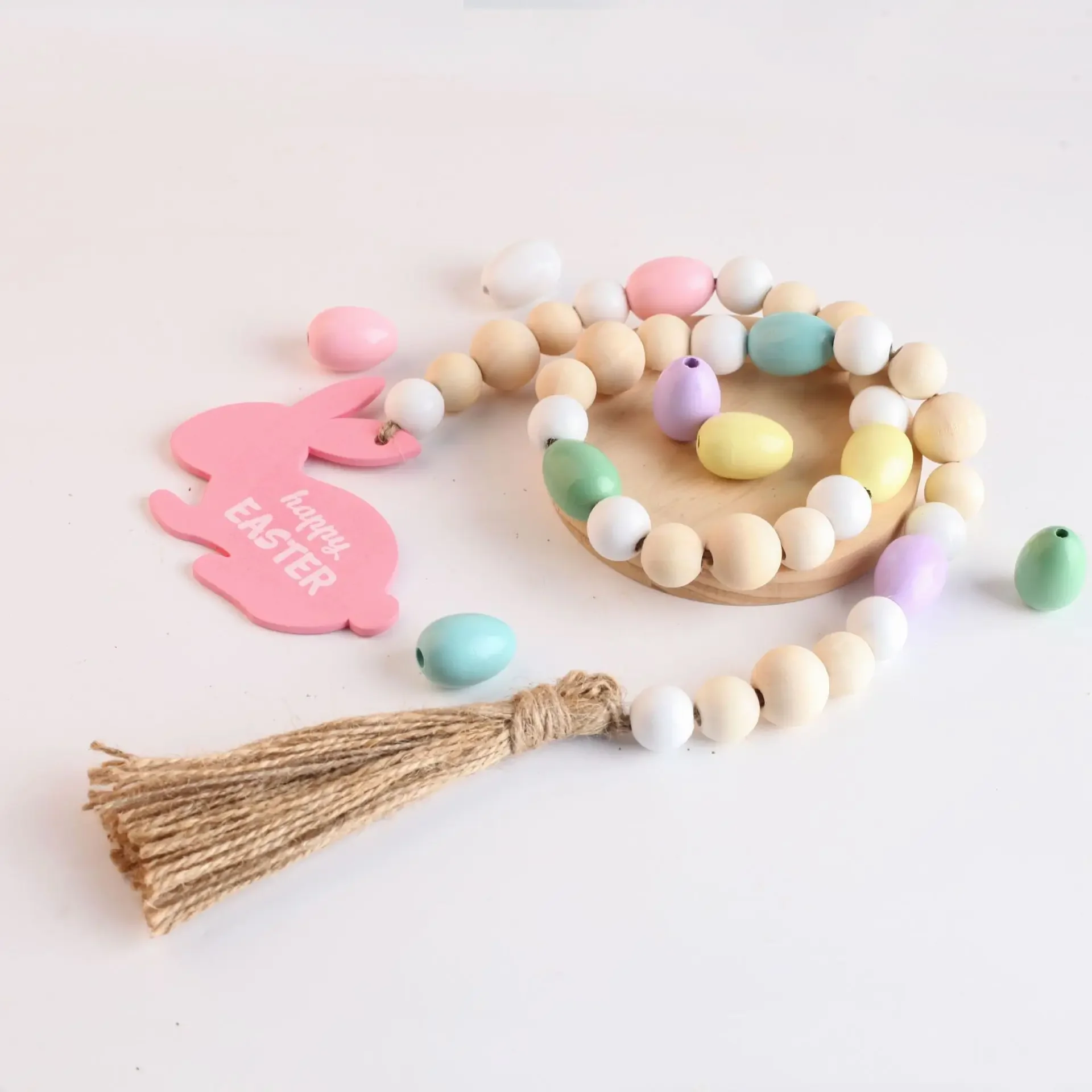 50Pcs/Pack Easter Day Painted Eggs Wooden Beads DIY Kids Toys Bracelet Accessories