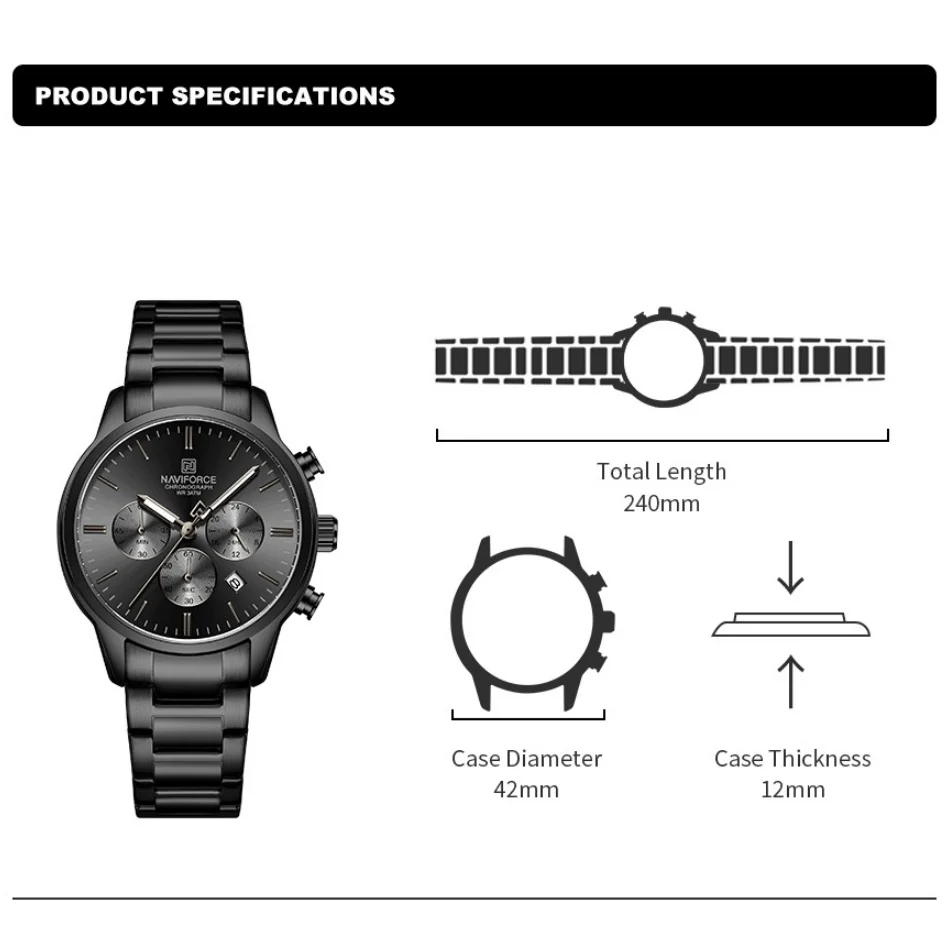 NAVIFORCE Men's Watch Quartz Calendar 3ATM Water Resistant Date Display Steel Band Fashionable Sports Luxury Wristwatch NF8076 view 3