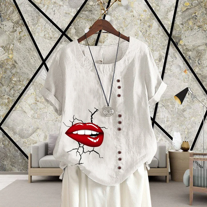 

Summer Hot Fashion Women's New Red Lip Print Printed Linen T Shirt Casual Loose Round Neck Plus Size Short Sleeve Shirt Top