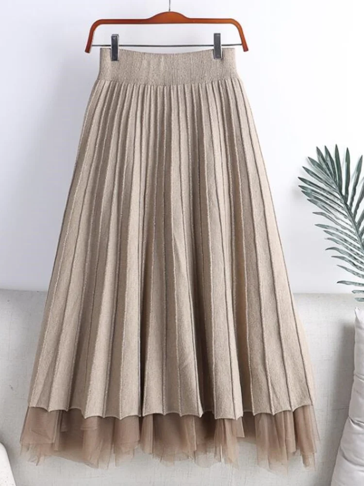 

SMTHMA 2024 Knitted Thick Mesh Double Sided Skirt New Fashionable High Waist Slim Pleated Skirt Solid Color Medium Length Skirt