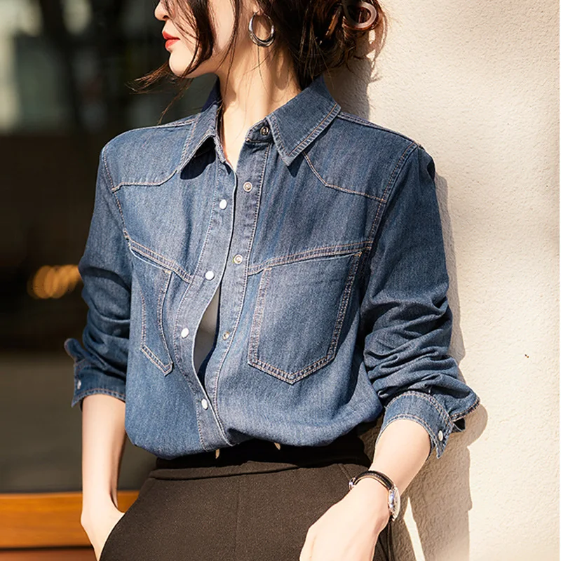 Women's Denim Shirt 2024 New Design Niche Interior Layered French Top Thin Collar Cool Breathable Fashion Versatile Denim Top