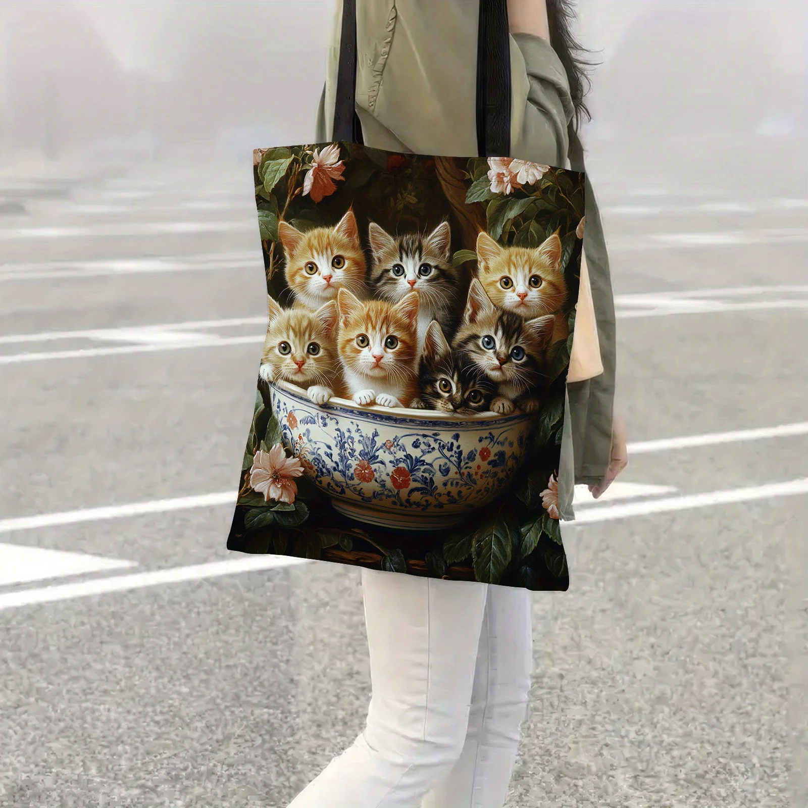 1pc, Adorable Cats Basin Tote Bag, Fashionable for Women, Versatile School & Beach Bag with Large Top Handle