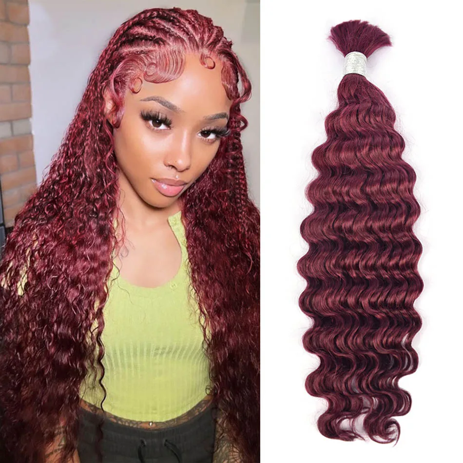 

Brazilian Burgundy Deep Wave Bulk Human Hair For Braiding Curly No Weft Bulk Hair Bundles Real Beauty Wholesale For Boho Braids