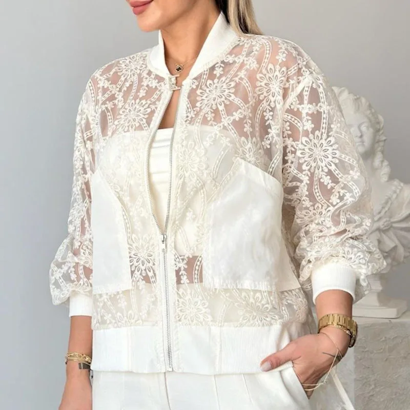 Autumn Fashion O-neck Long Sleeve Solid Short Jacket Winter Elegant Thin Sun-protective Top Sexy Lace Embroidered Irregular Coat