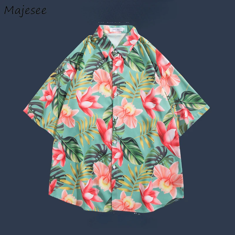 

Summer Hawaiian Shirts Men Seaside Casual Print Tops Handsome Beach Style Baggy All-match Couples Breathable Holiday Camisas Ins