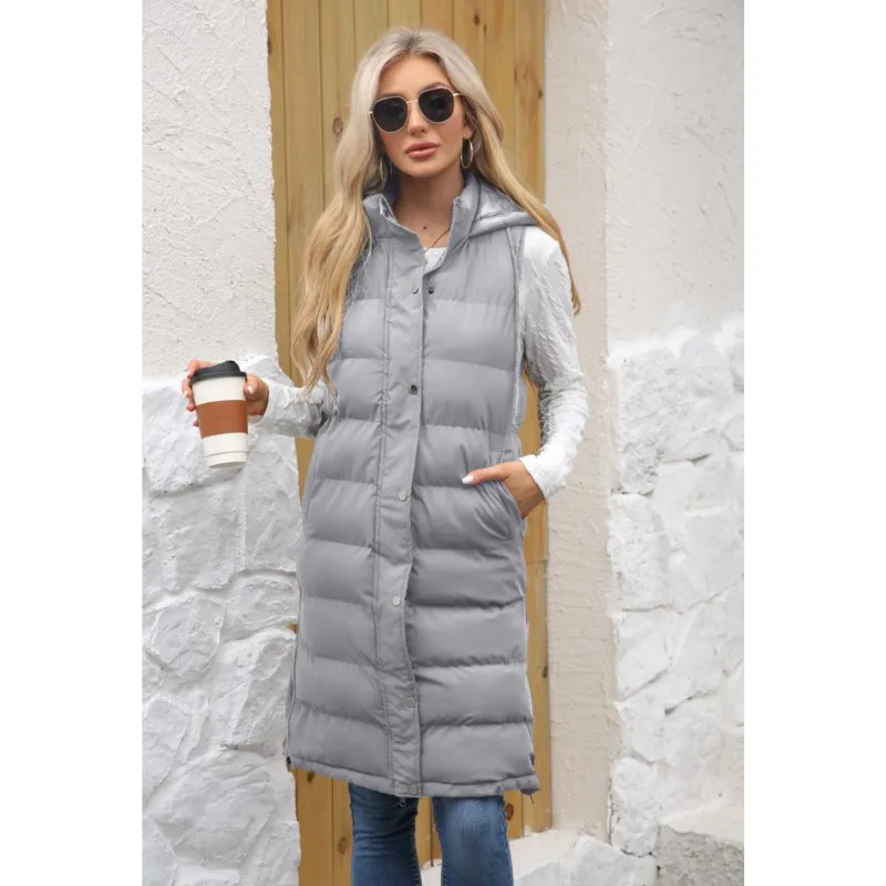 2025 nuevo chaleco de algodón con capucha a la moda para mujer Chaqueta larga abrigo color sólido sin mangas cremallera trajes cálidos gruesos
