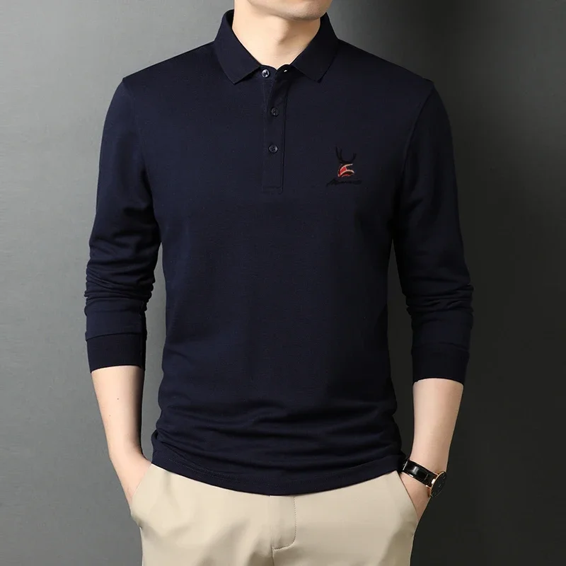 New Men\'s Casual Embroidery Long Sleeve Polo Shirt Fashion Solid Color Top