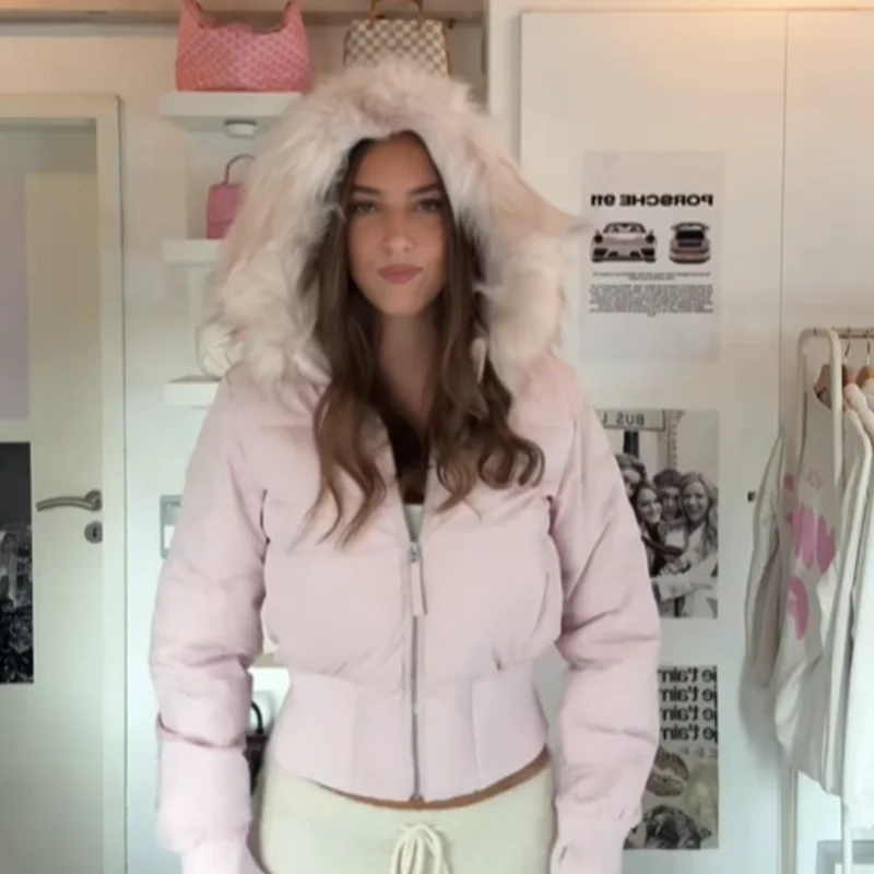 Chic Fur Collar Hooded Women's Cotton Jacket Solid Zipper Slim Waist Pocket Warm Thick Coat 2025 Winter Autumn Female Outerwear