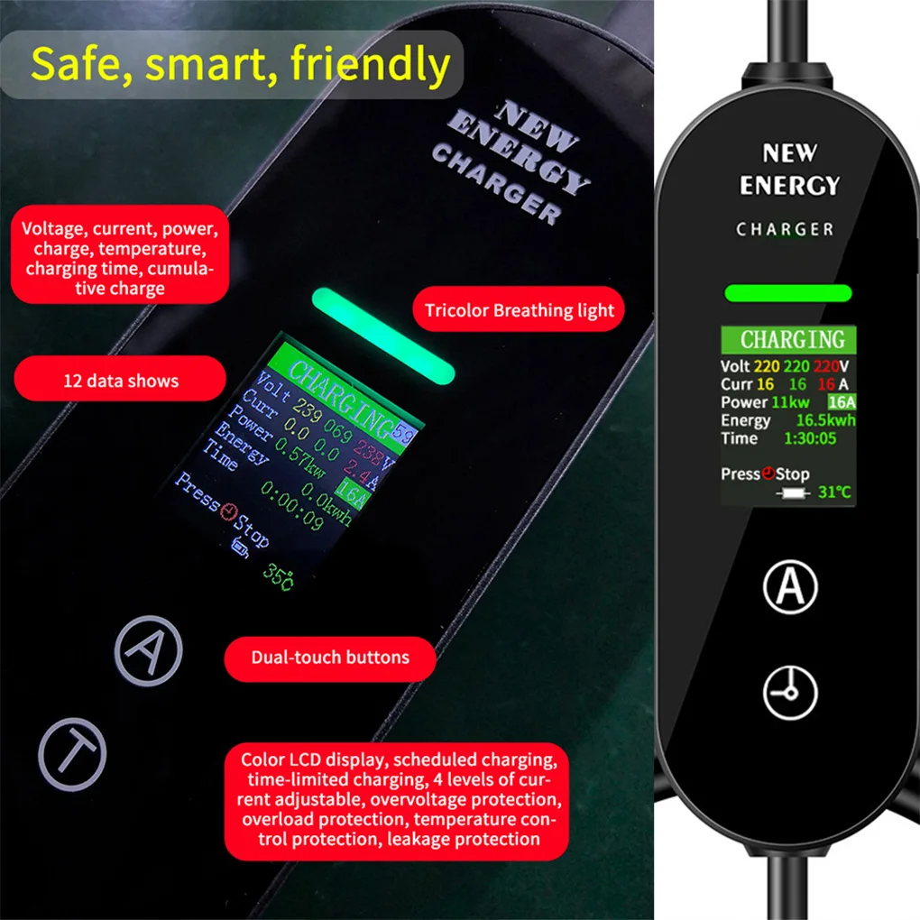 Портативное 3-фазное мобильное зарядное устройство для электромобилей типа 2, 11 кВт, 16 А, 5 м, зарядный кабель IEC 62196-2, зарядное устройство для электромобилей с ЖК-дисплеем и сумкой, британская вилка