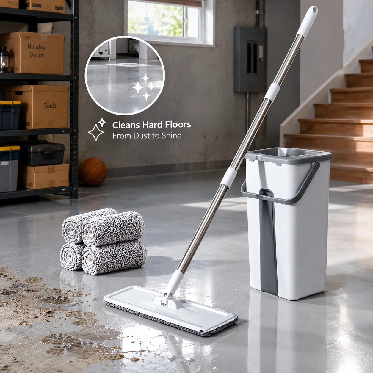Gray Self-Wringing Flat Mop Kit With Stainless Steel Handle And Extra Microfiber Mop Cloths