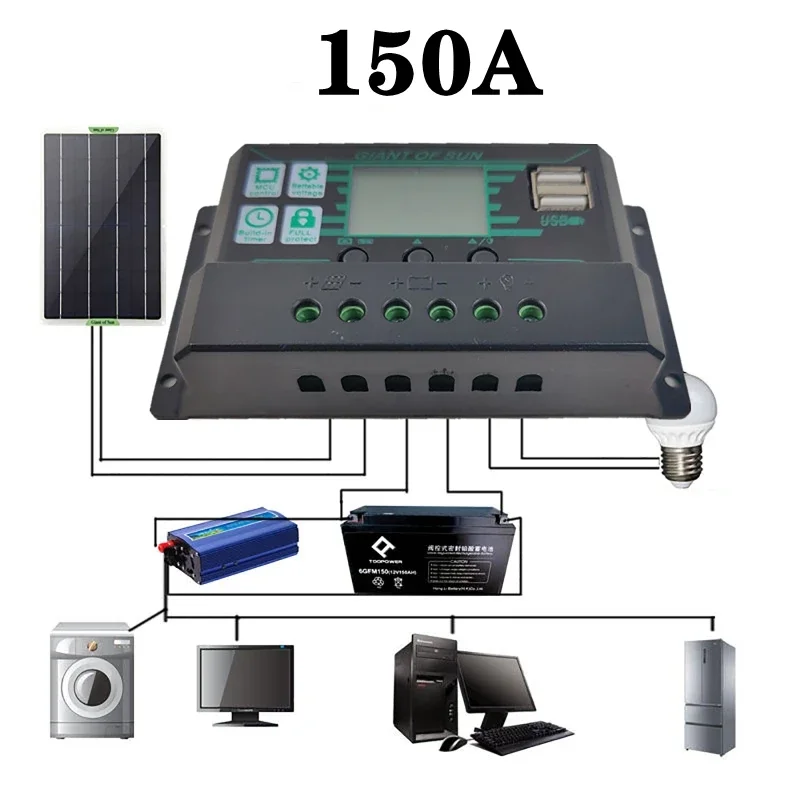 150A Solar Controller MPPT Regulator PWM Dual USB PV Panel Black Controller Solar Panel Battery Regulator Port LCD Display