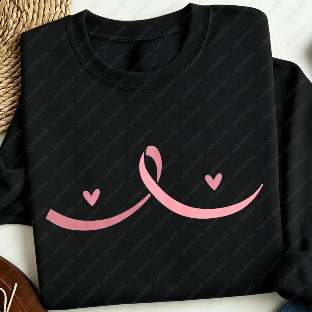 Pink Ribbon Breast Cancer Women Pullovers Chest Ribbon Breast Cancer Sweatshirt Awareness Survivor Gift Positive Support Hoody