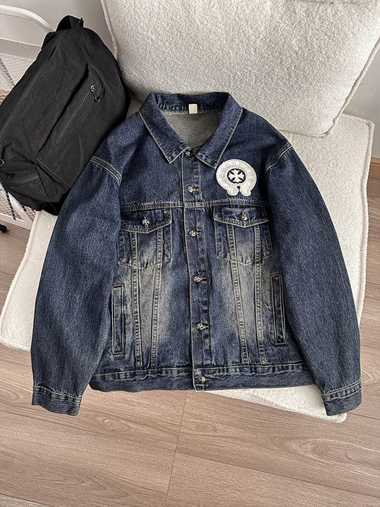 

Loose Fit Embroidered Design Denim Jaet Casual Sle Long Sve Men's Spring Faion Workwear Jaet American Retro Sle