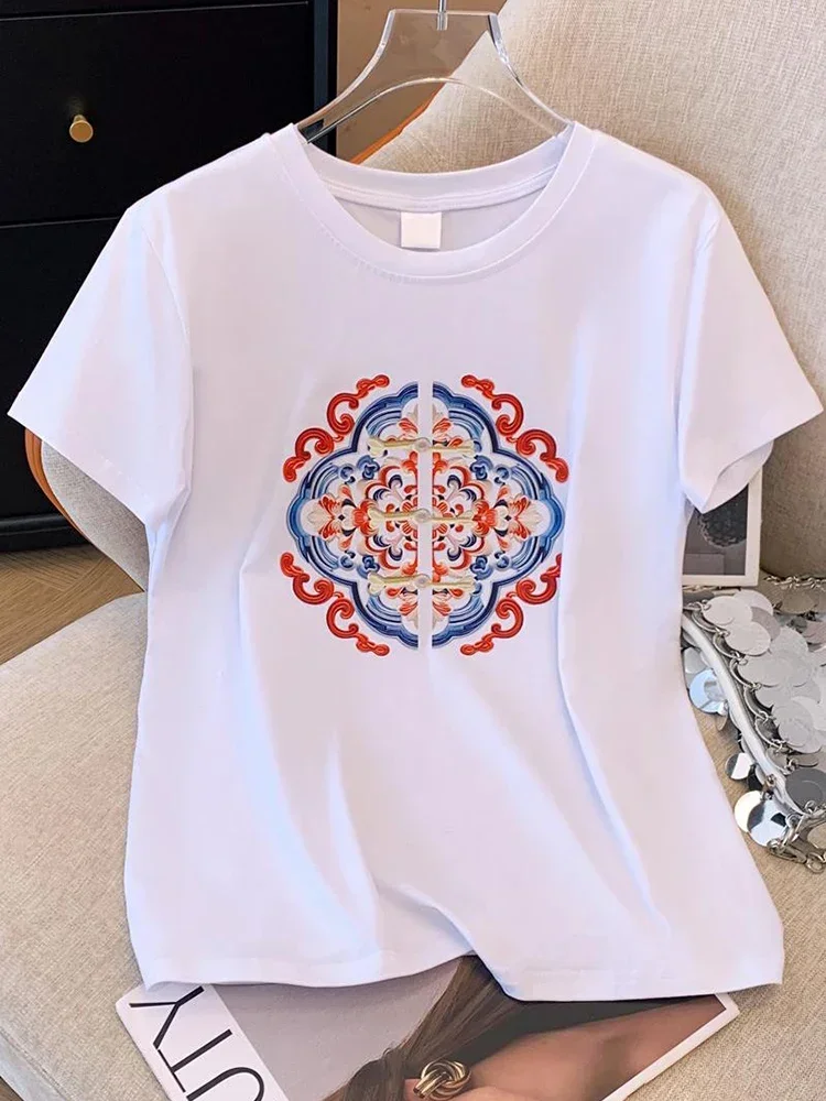 2024 Summer New Women's Wear Chinese Style Pan Button Short Sleeved T-shirt Printing Simple Loose Cotton T-shirt Women's Top A06