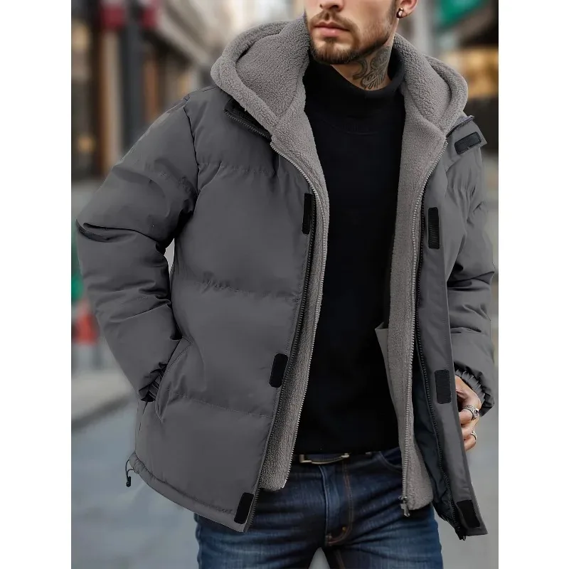 

2025 Winter Windproof Men's Jacket Casual Fake Two Hooded Bread Coat Detachable Hood Zipper Front Long Sleeves Pockets Overcoat