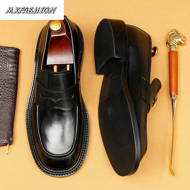 Men's Genuine Leather Business Formal Shoes Square Toe Slip On Loafers Flats Male Footwear