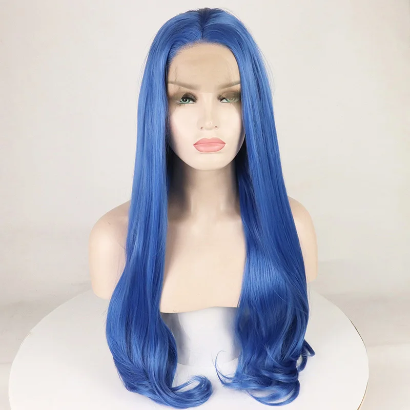 Peluca larga y suave de seda azul con encaje frontal para mujer, pelo de bebé sintético sin pegamento, prearrancado diario, 26 pulgadas, 180% de densidad