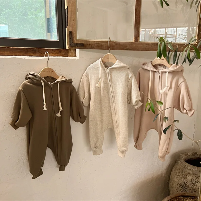 

2026 Spring New Baby Long Sleeve Hooded Romper Infant Girl Cotton Casual Jumpsuit Fashion Toddler Zipper Sweatshirt Clothes
