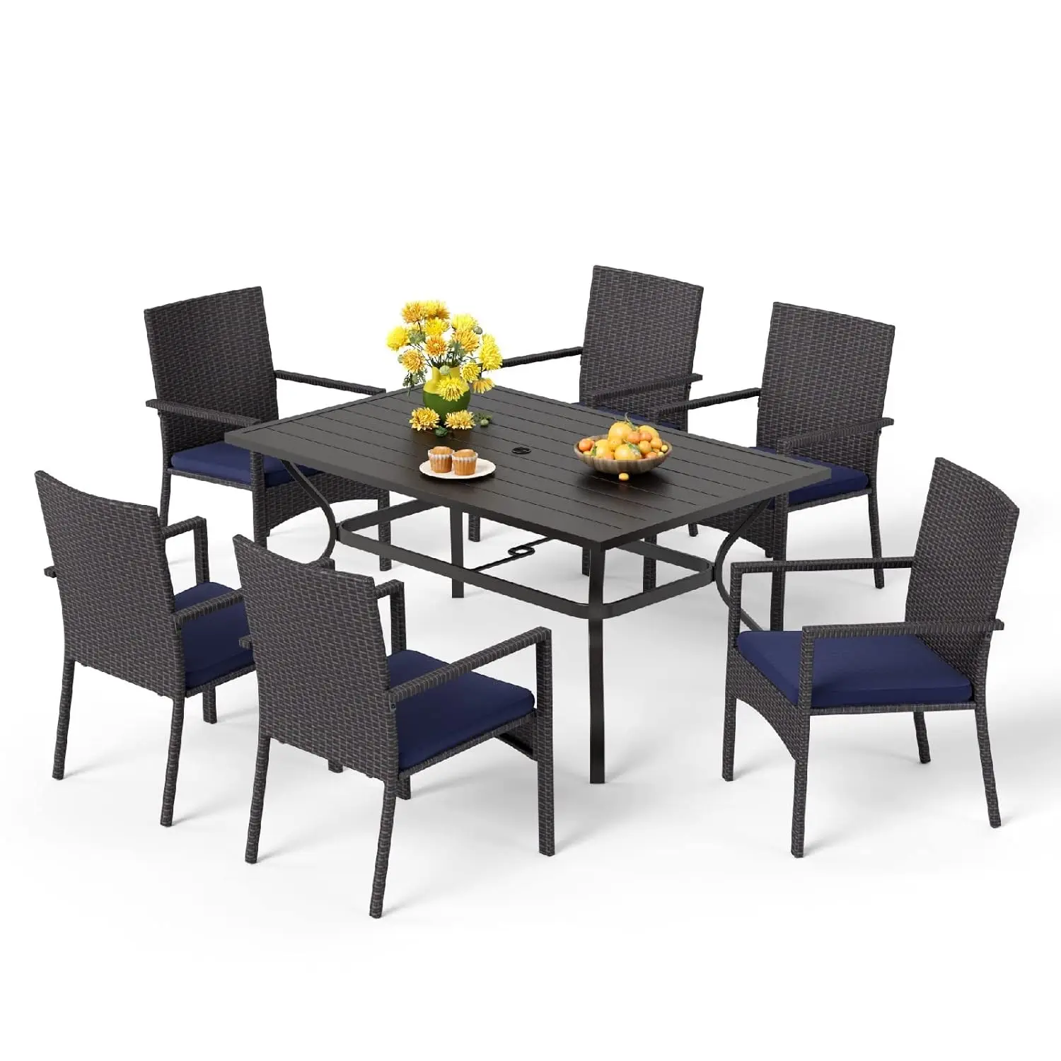 

7 Piece Outdoor Dining Set, 60” Rectangular Metal Table with Umbrella Hole & Cushioned Rattan Chairs, Customized