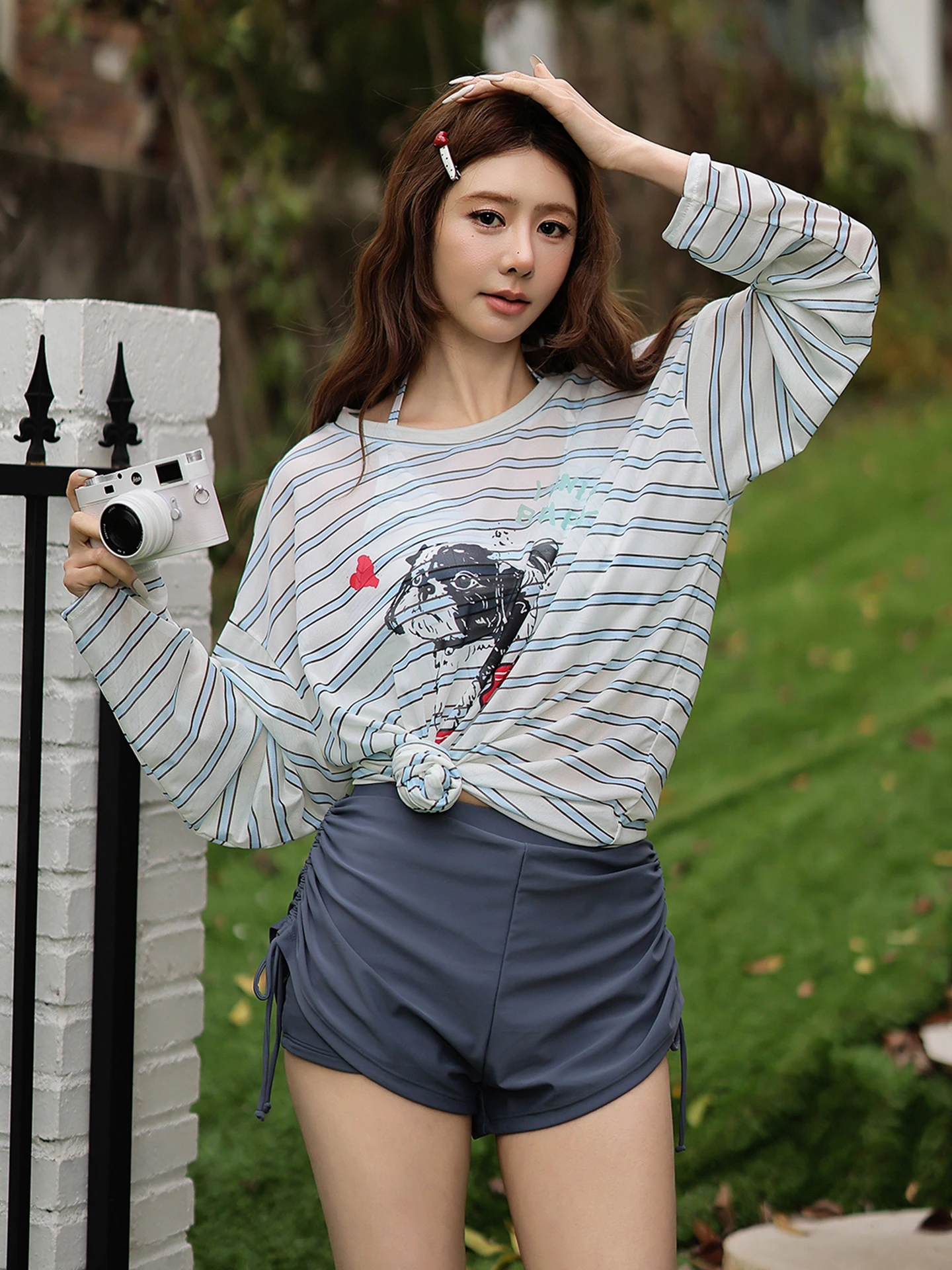 

2026 New Women's Stripe Long Sleeve Swimsuit Three Piece Set Beach Vacation Thermal Sensation plus Size Swimwear Sun Protection