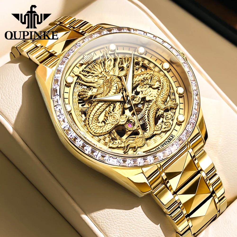 OUPINKE High Quality Automatic Watch for Men Luxury Diamond Hollow Out Dragon Watch Brand Import Movement Mechanical Wristwatch