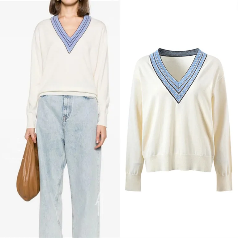 

High-End Version Color Blo V-Ne Pullover Knitted Sweater Mixed Fiber Simple Elegance Women's Faion Top Ladies' Knitwear