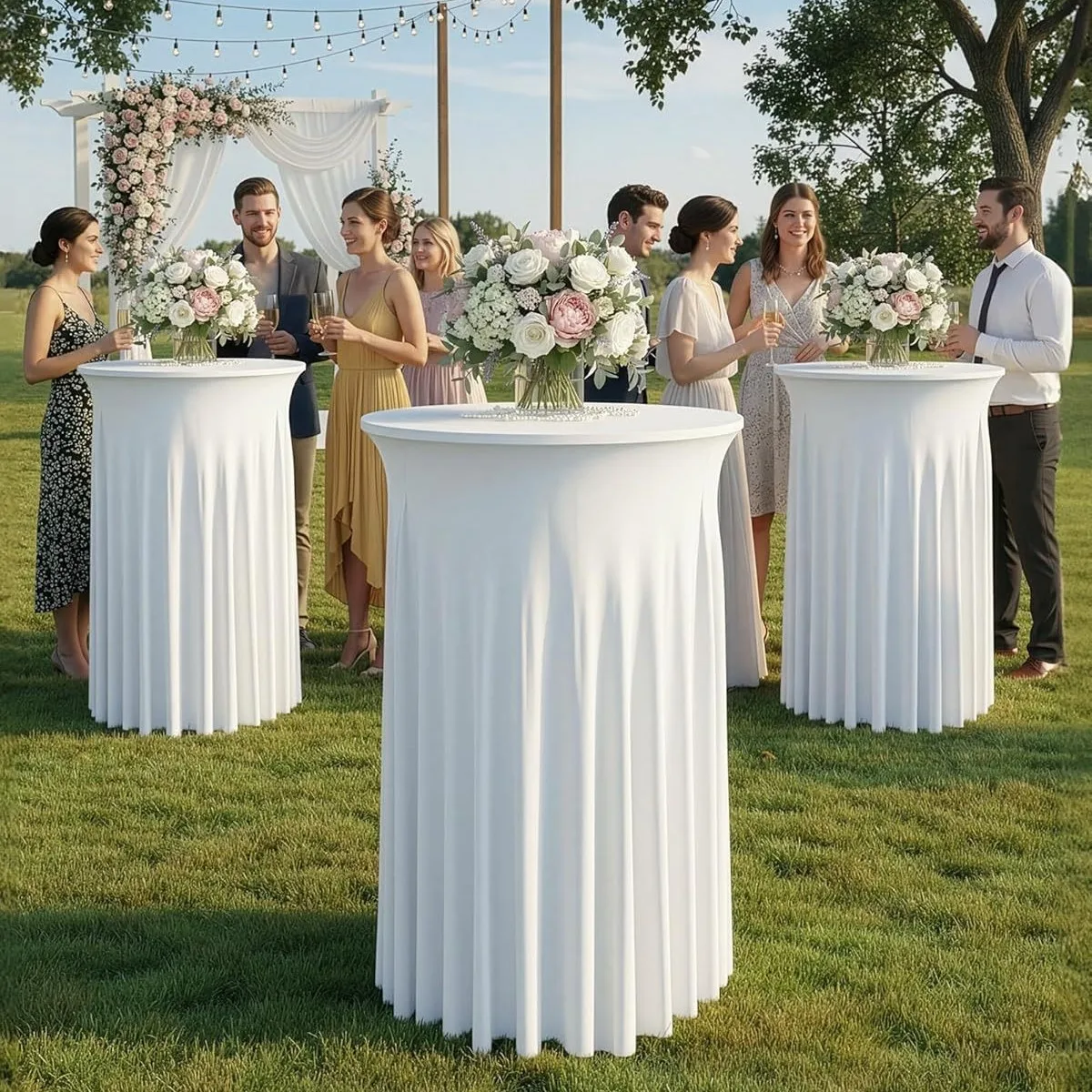 2PCS Round Cocktail Table Covers with Skirt Spandex Stretch Round Cocktail Tablecloths Party Wedding Birthday Top Bar Table