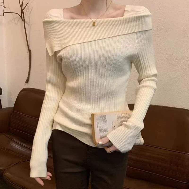 Solid Sexy Slim Off Schouder Slash Hals Lange Mouw Breien Trui Dames Jumpers Office Fashion Nieuw
