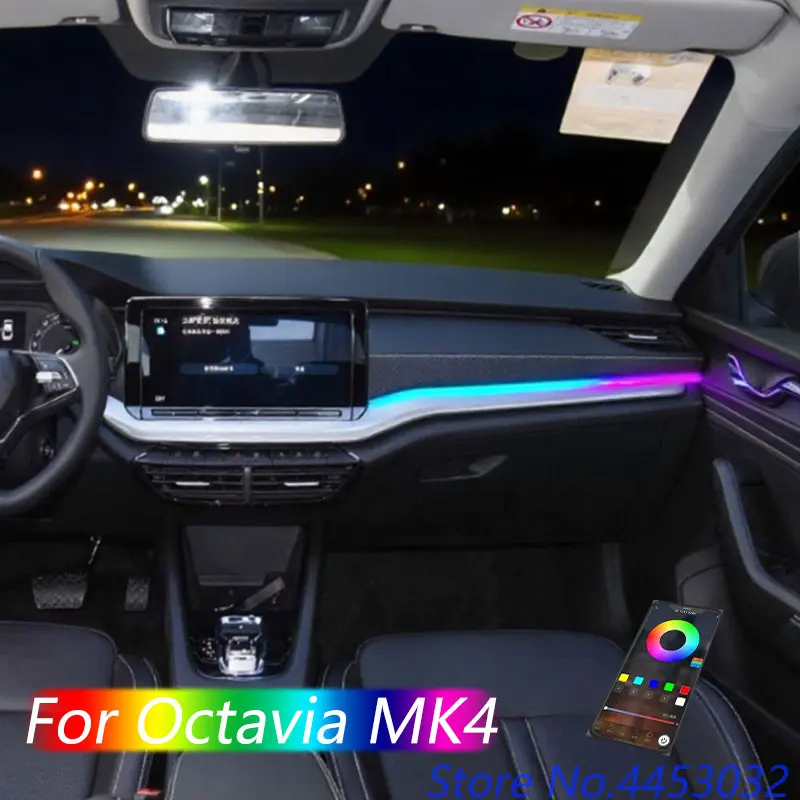 

Для Skoda Octavia MK4 2021-2025 интерьер автомобиля атмосферный свет RGB светодиодная лента управление через приложение синхронизация музыки приборная панель окружающее освещение