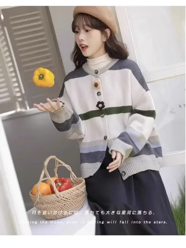 Contrast Striped Sweater for Women in Spring and Autumn New Vintage American Lazy Style Top Cardigan Knit Jacket Girls Clothing