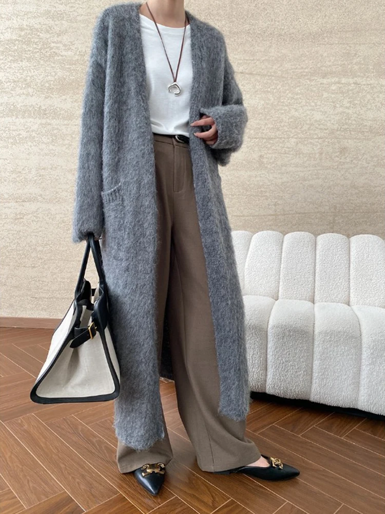 [LANMREM] Thick Warm Knit Cardigan Coats For Women Office Lady Long Outwear Minimalism Female Clothing 2024 Winter New 26C847