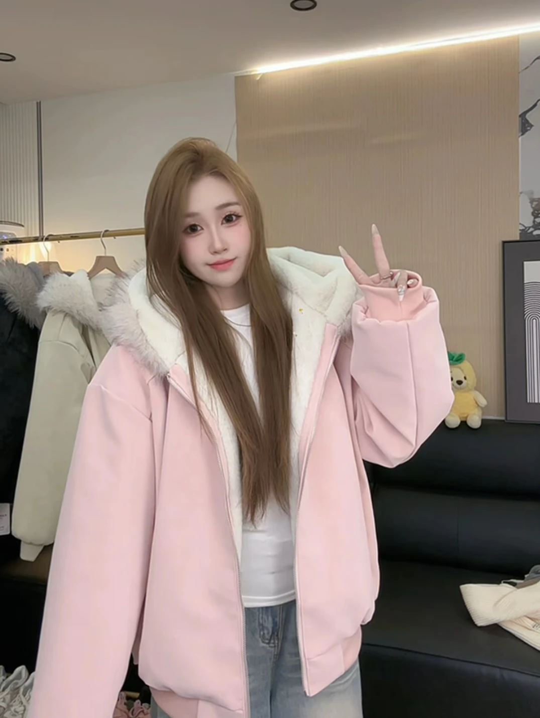 

American Sle Hooded Thiened Large Fur Collar Mountain Eagle Cotton Jaet Women's Loose Warmth Cotton Coat Pink Hooded Co...